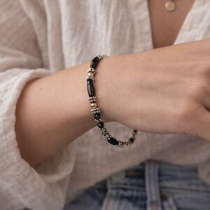 Boho Artisan Black Onyx & Black Glass Beaded Bracelet Mixed Metal Toggle Clasp